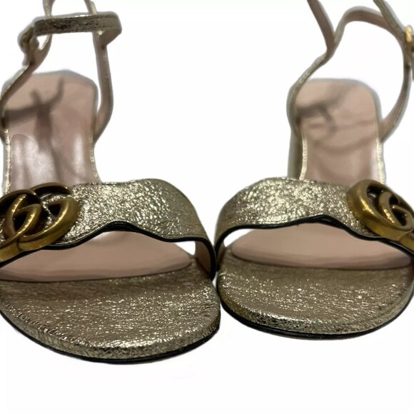 $850 Gucci Gold Marmont Metallic Lambskin Platino Sandals Heels sz 39/9B Heels - Picture 9 of 16